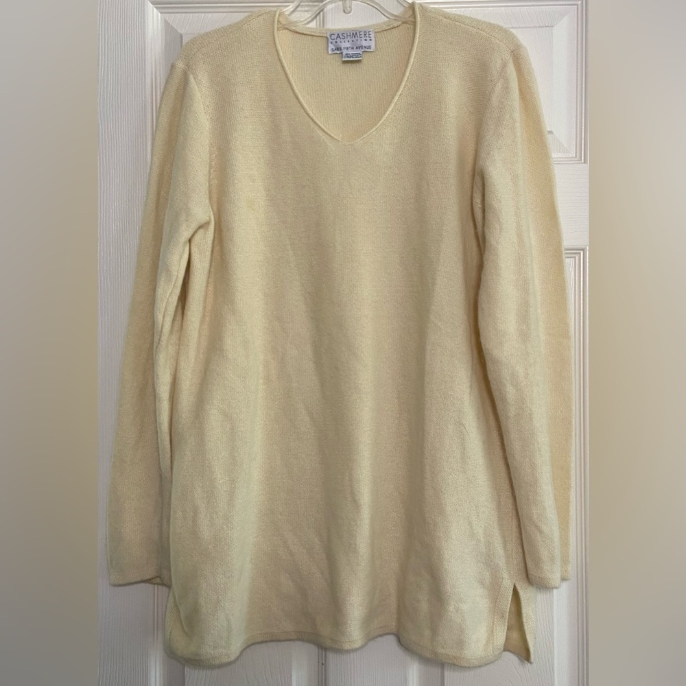 Saks Fifth Avenue Collection Cashmere Cream Round V-neck Slits Sweater Tunic M
